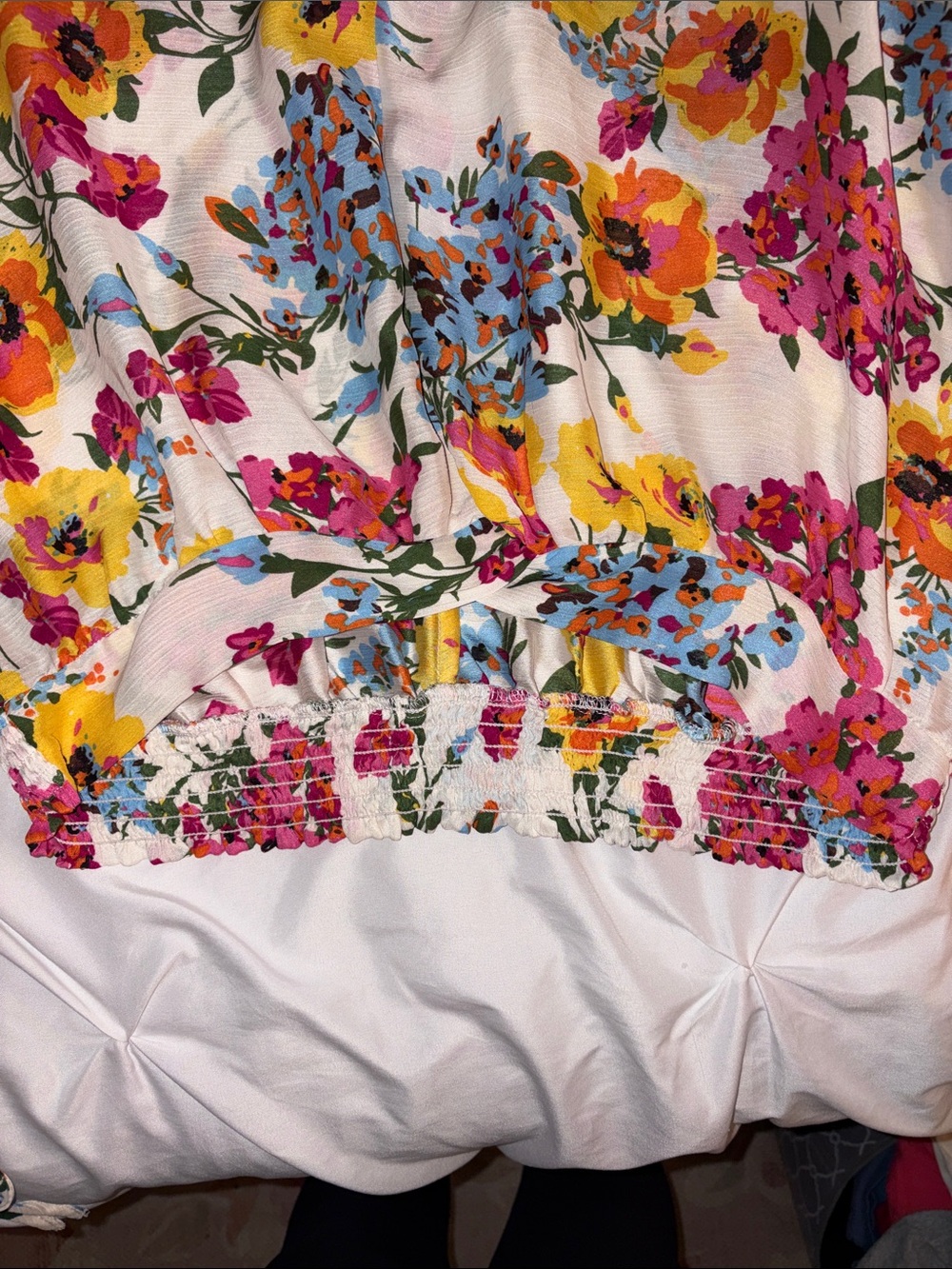 Umgee White V-Neck Floral Blouse with Yellow, Pink & Blue Blooms - Picture 5 of 6